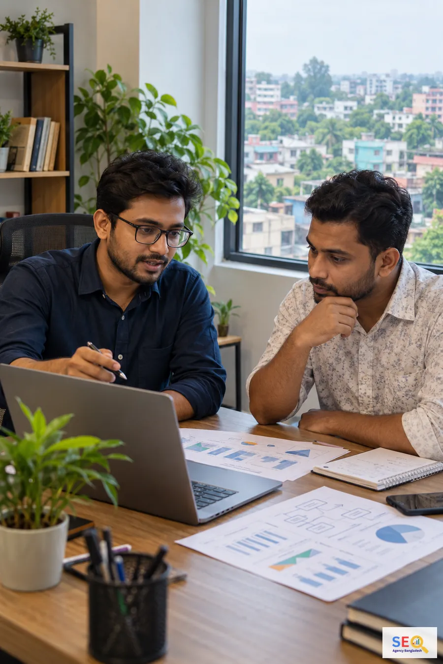 SEO specialists reviewing keyword groups, page relationships and research notes in a Bangladesh office