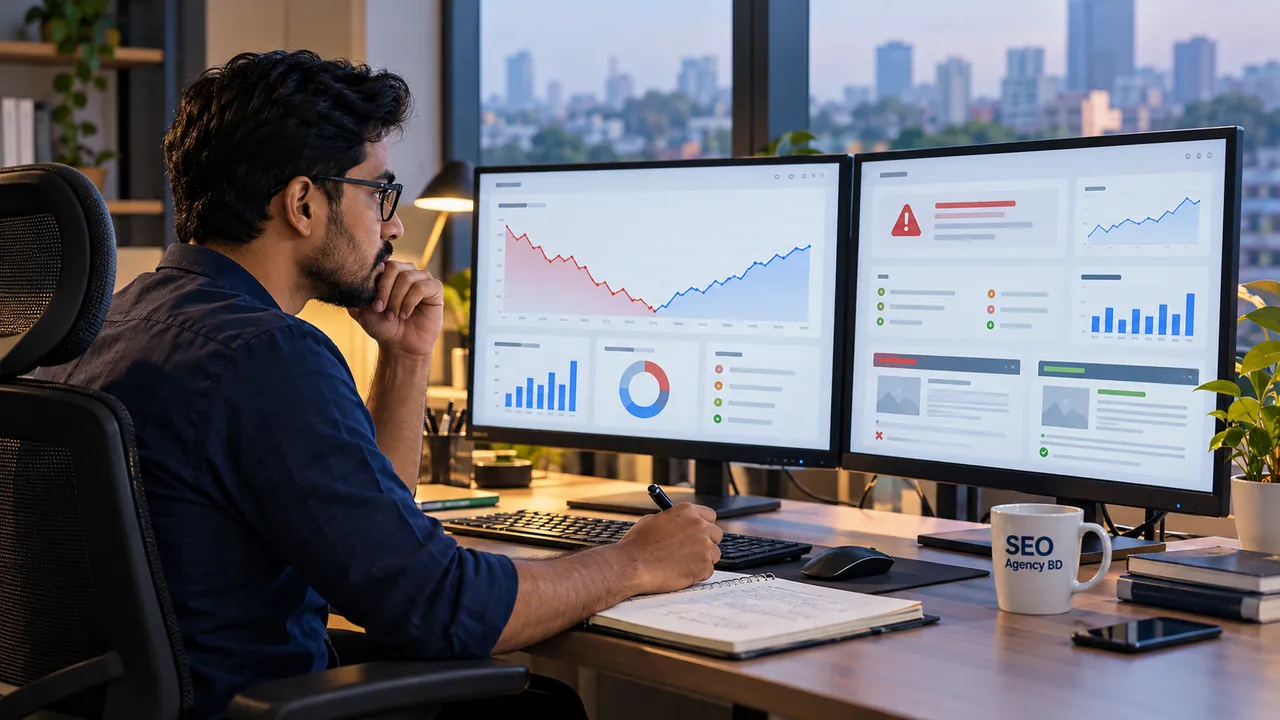 SEO specialist comparing traffic-loss evidence, warning signals and recovery trends across analytics screens