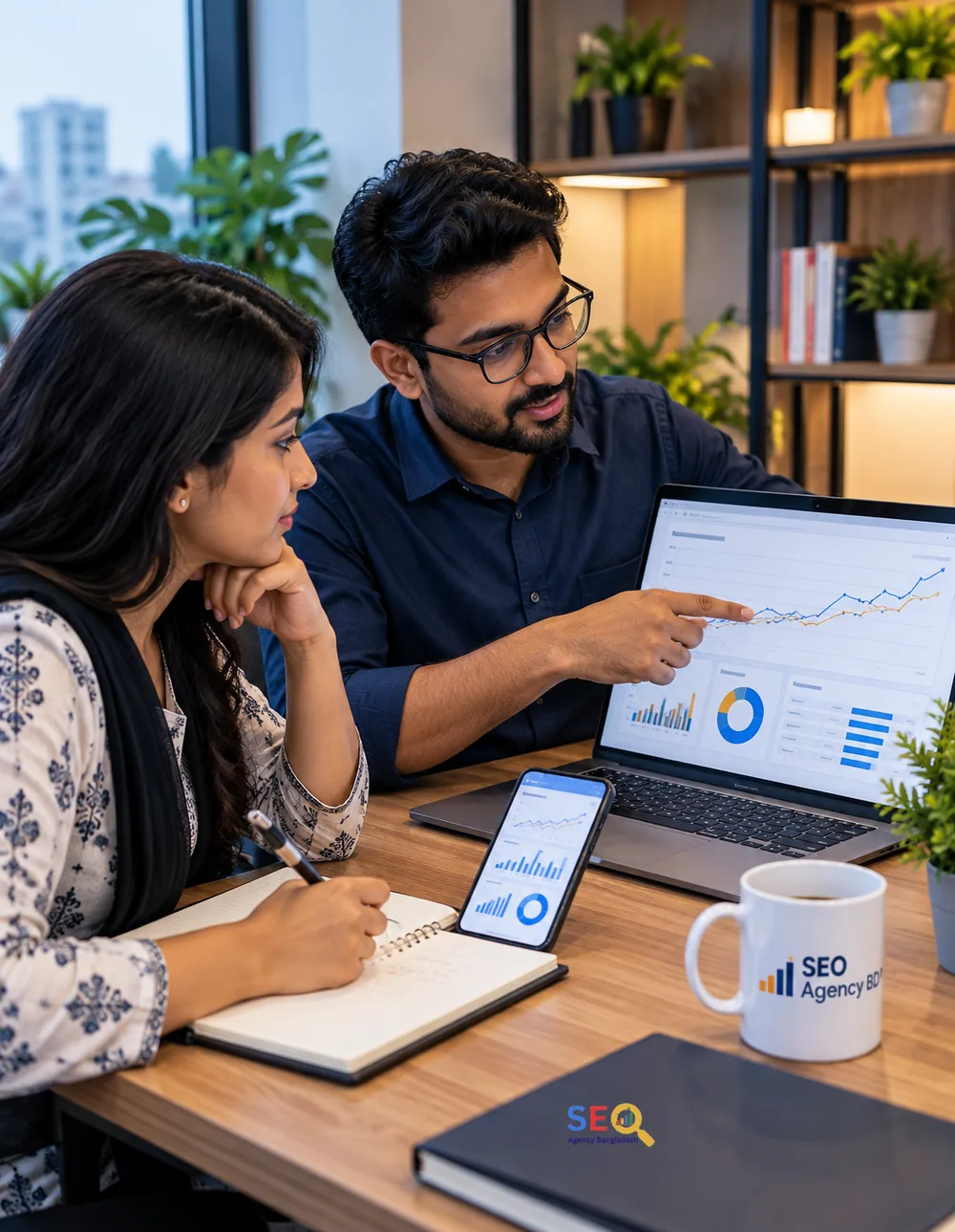 Business team reviewing organic search performance and SEO dashboard trends