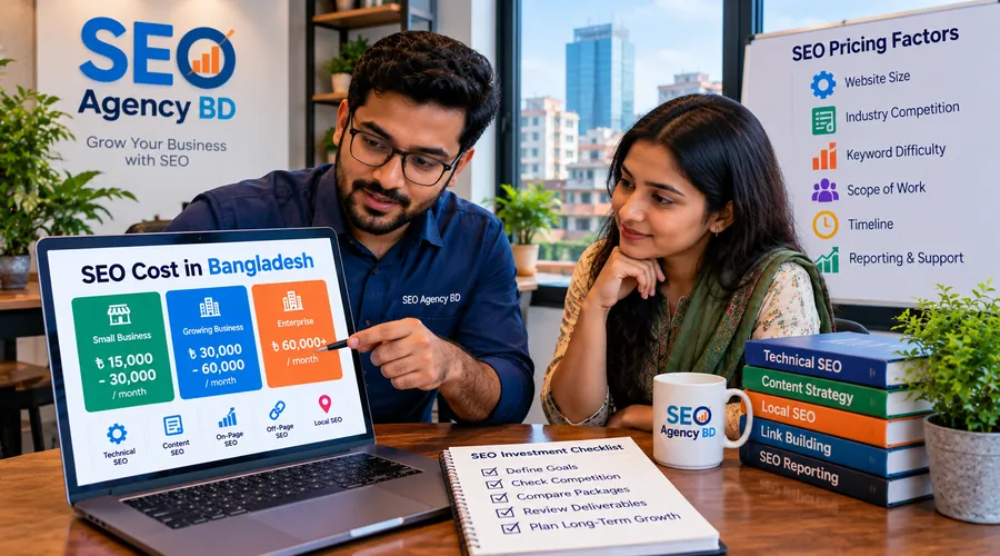 SEO pricing consultation in Bangladesh showing business size, competition, scope, timeline and reporting factors