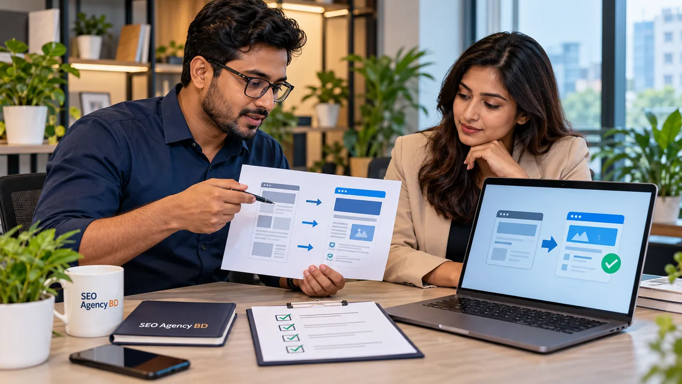 SEO specialist reviewing a migration handoff and redirect plan with a business decision-maker