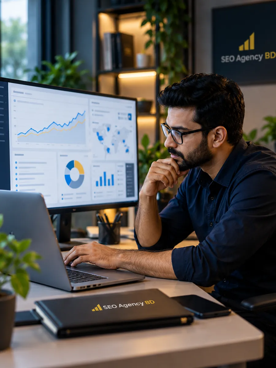 SEO specialist reviewing search visibility, local search and website performance data