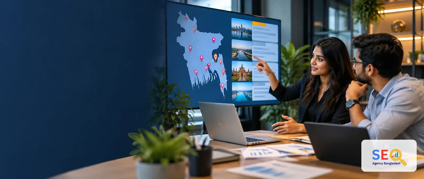 SEO specialists reviewing service coverage across Bangladesh cities