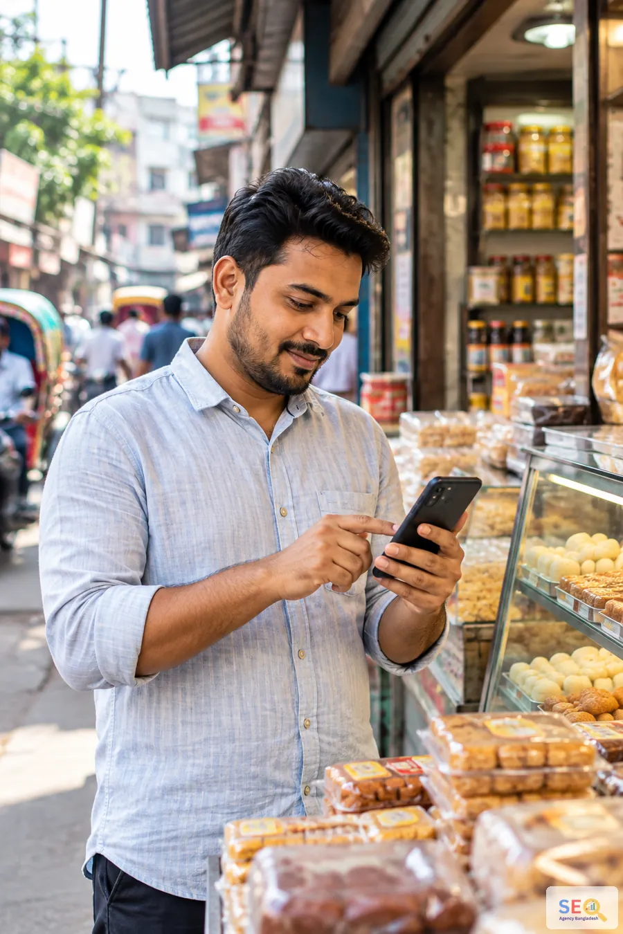 Bogura customer using a smartphone beside a local sweets and retail shop