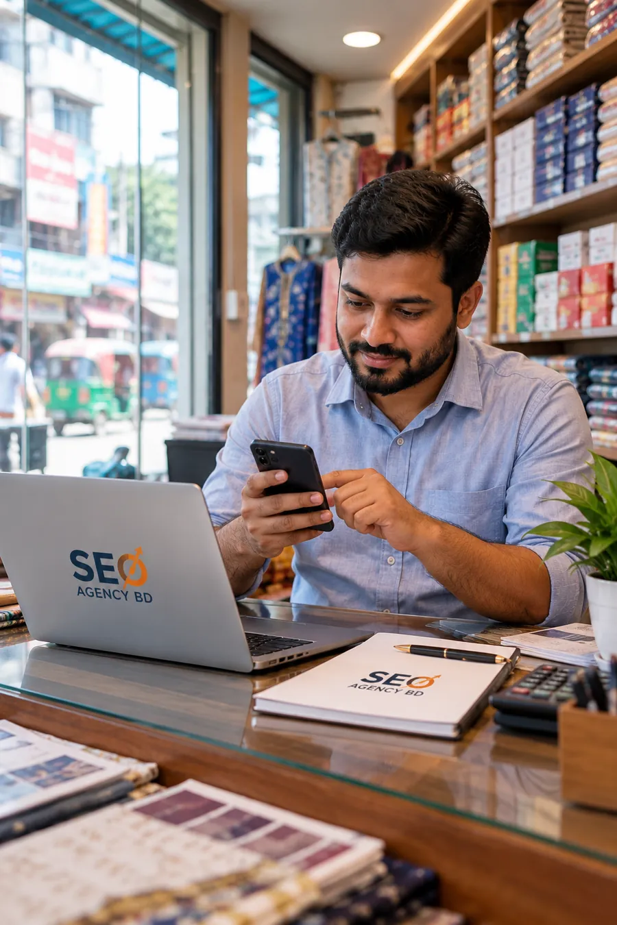 Brahmanbaria business owner using a smartphone while comparing online services