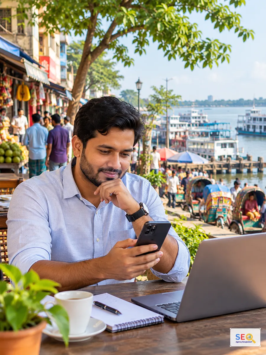 Chandpur business decision-maker comparing services on a smartphone beside a busy riverside market