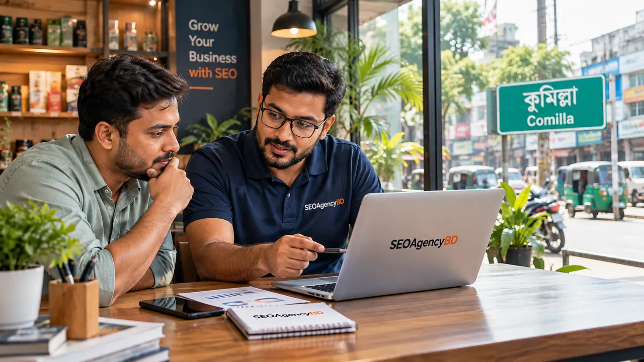 Comilla business owner reviewing online search information with an SEO Agency BD consultant