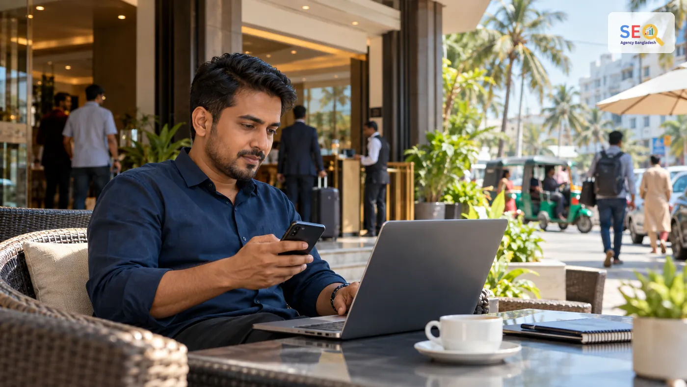 Business decision-maker comparing nearby services online in a Cox's Bazar hospitality area
