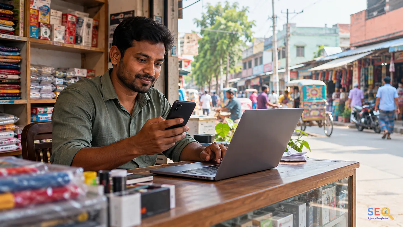 Dinajpur shop owner using a smartphone and laptop to compare services online