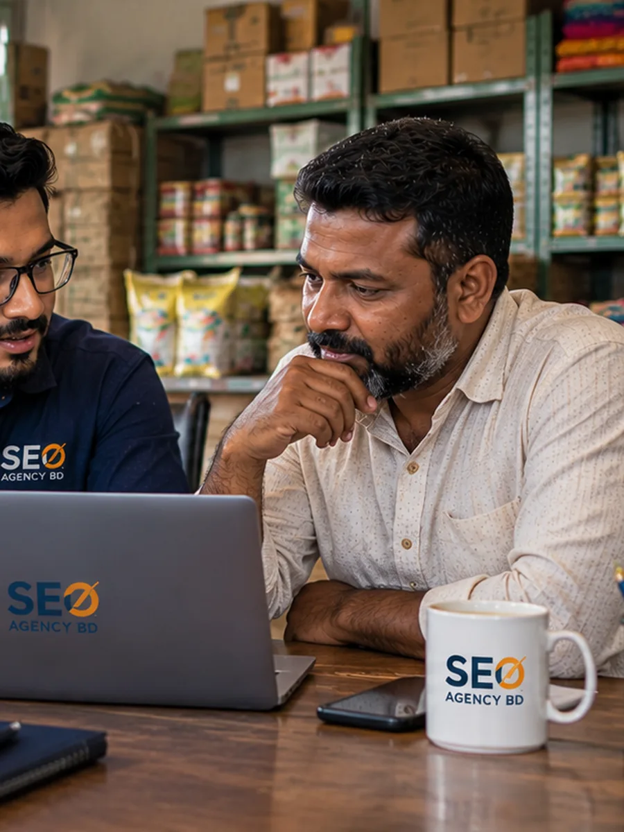 Faridpur business owner evaluating online services beside a branded SEO Agency BD laptop