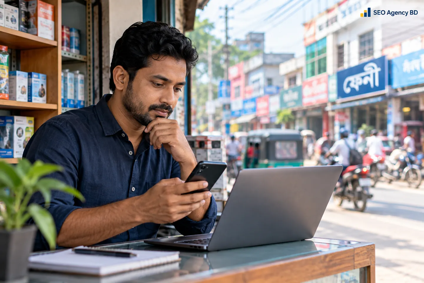 Feni business owner using a phone and laptop to compare services found through search