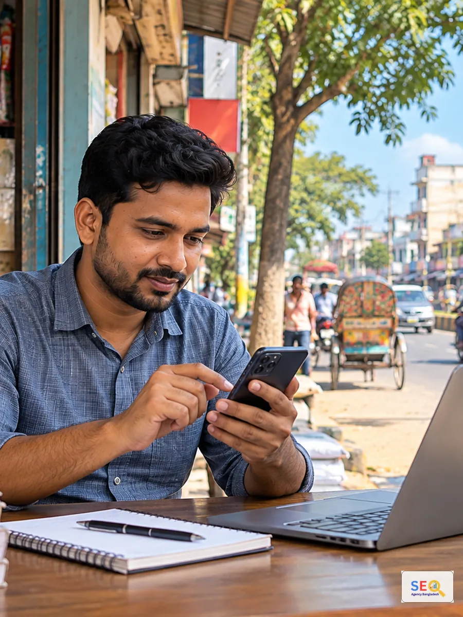 Jamalpur business owner comparing services on a smartphone beside a busy town street