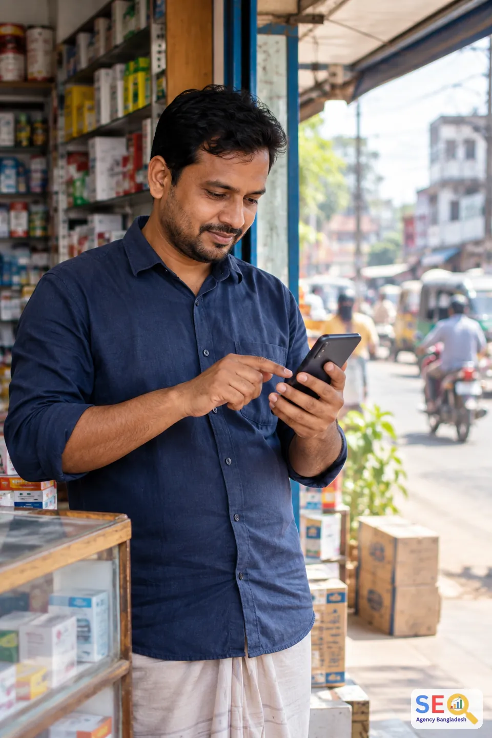 Jessore shop owner using a smartphone to research a service