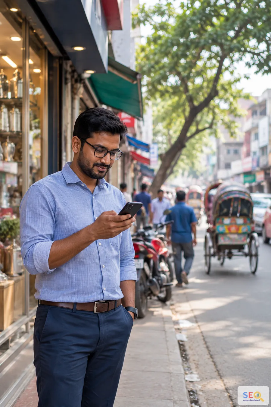 Khulna customer using a smartphone on a busy commercial street