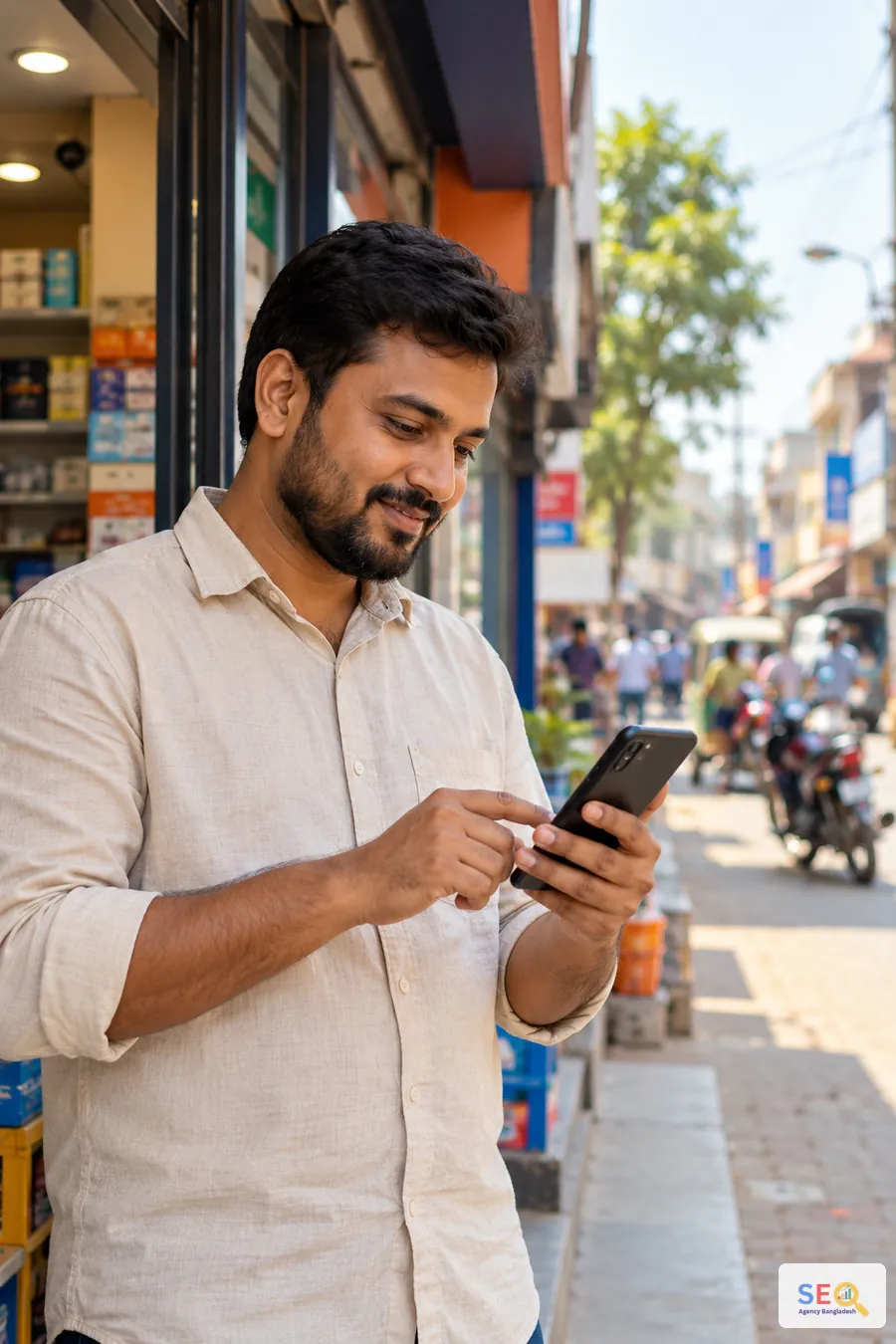 Kushtia business owner using a smartphone while comparing a local service