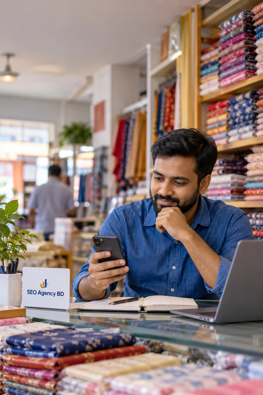 Narsingdi business owner using a phone to research online services