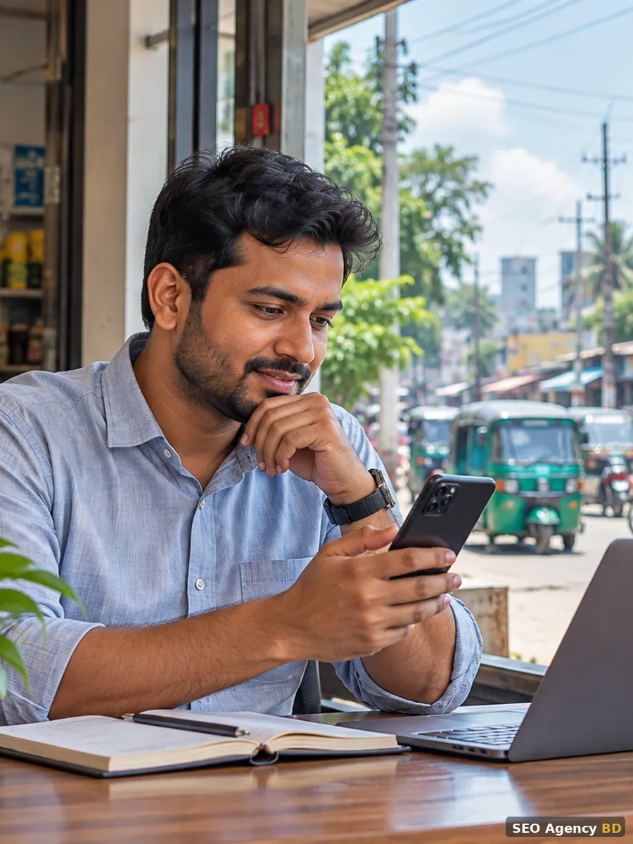 Noakhali business owner comparing services on a smartphone beside a busy local street