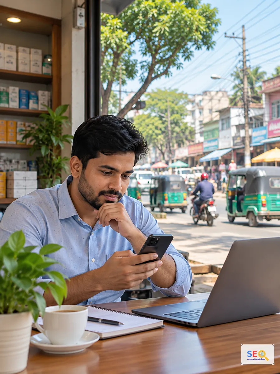 Pabna business decision-maker comparing services on a smartphone beside a busy local street