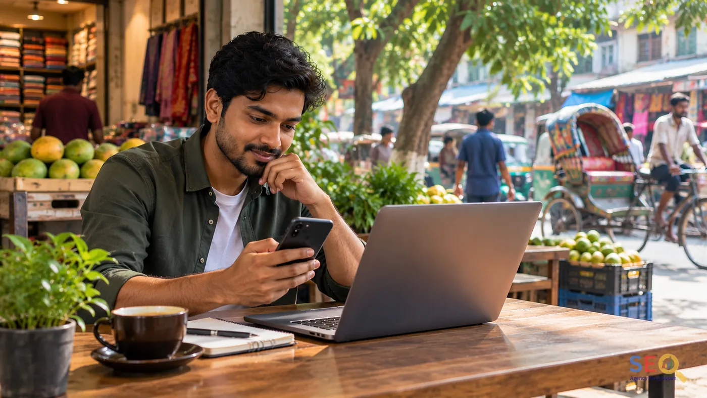 Rajshahi buyer using a smartphone and laptop beside a busy local market with fruit and textile shops