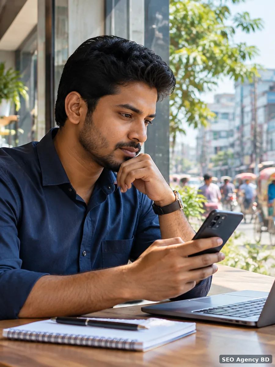 Savar business decision-maker comparing services on a smartphone beside a busy local commercial street