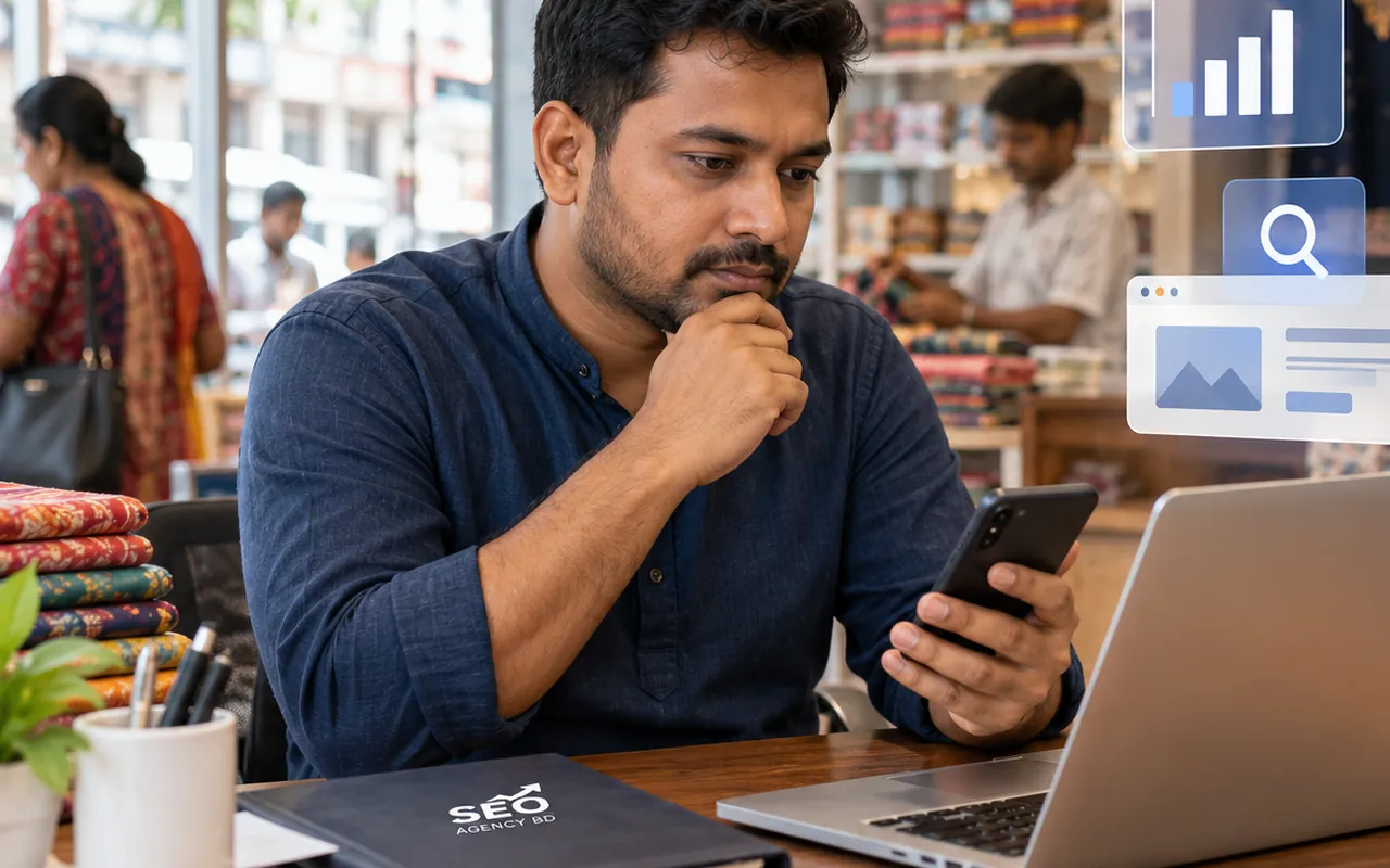 Tangail business owner comparing online service options from a phone and laptop