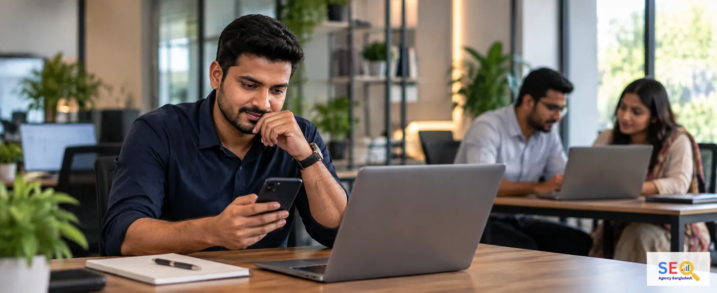Business decision-maker comparing an SEO provider while specialists work in a Bangladesh office