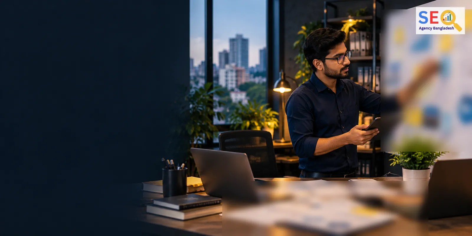 SEO strategist mapping priorities and an organic growth roadmap in a Bangladesh office