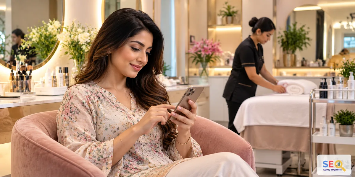 Bangladeshi customer using a smartphone while considering a beauty or skincare appointment