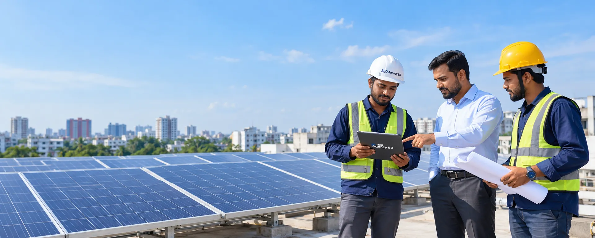 Bangladesh solar technicians and a business decision-maker reviewing a rooftop solar installation