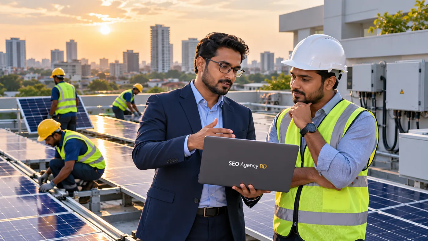 SEO Agency BD consultant discussing growth strategy with a Bangladesh solar project engineer on a rooftop installation