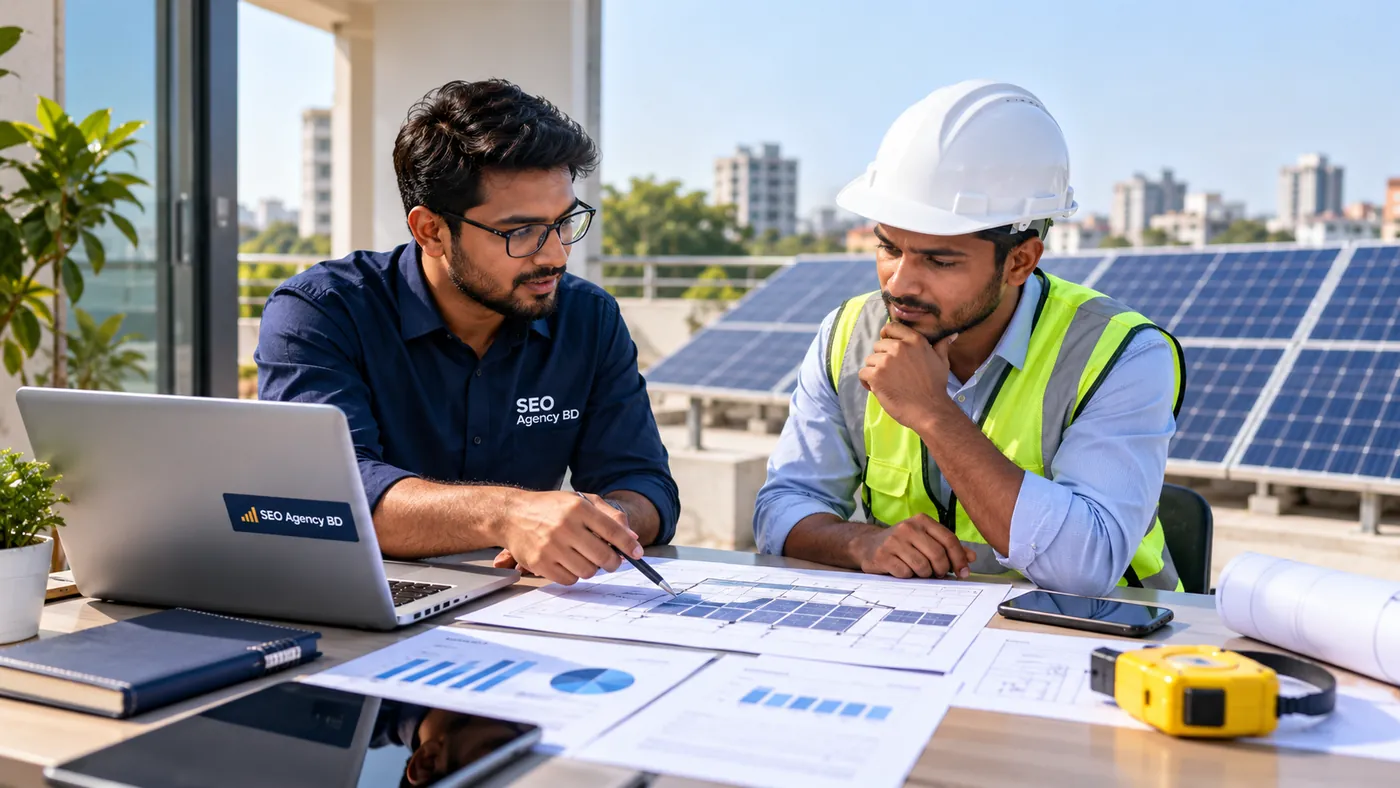 SEO Agency BD strategist and solar engineer reviewing search data and a rooftop solar project plan