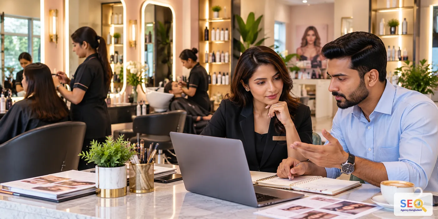 SEO specialist and salon manager reviewing service pages, local search and appointment flow