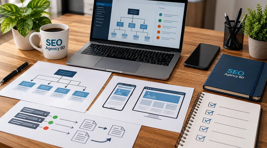 Technical SEO audit workflow showing site architecture, server paths and mobile desktop checks