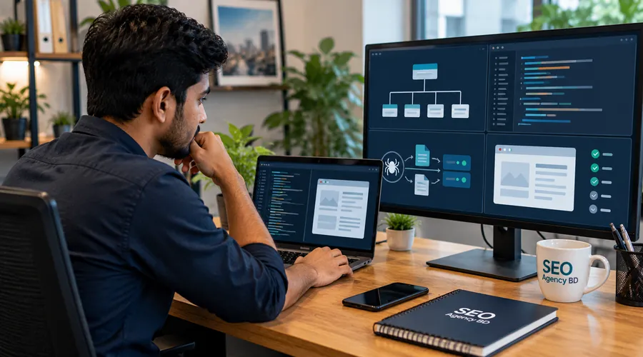 SEO specialist reviewing site architecture, crawl paths and technical website health
