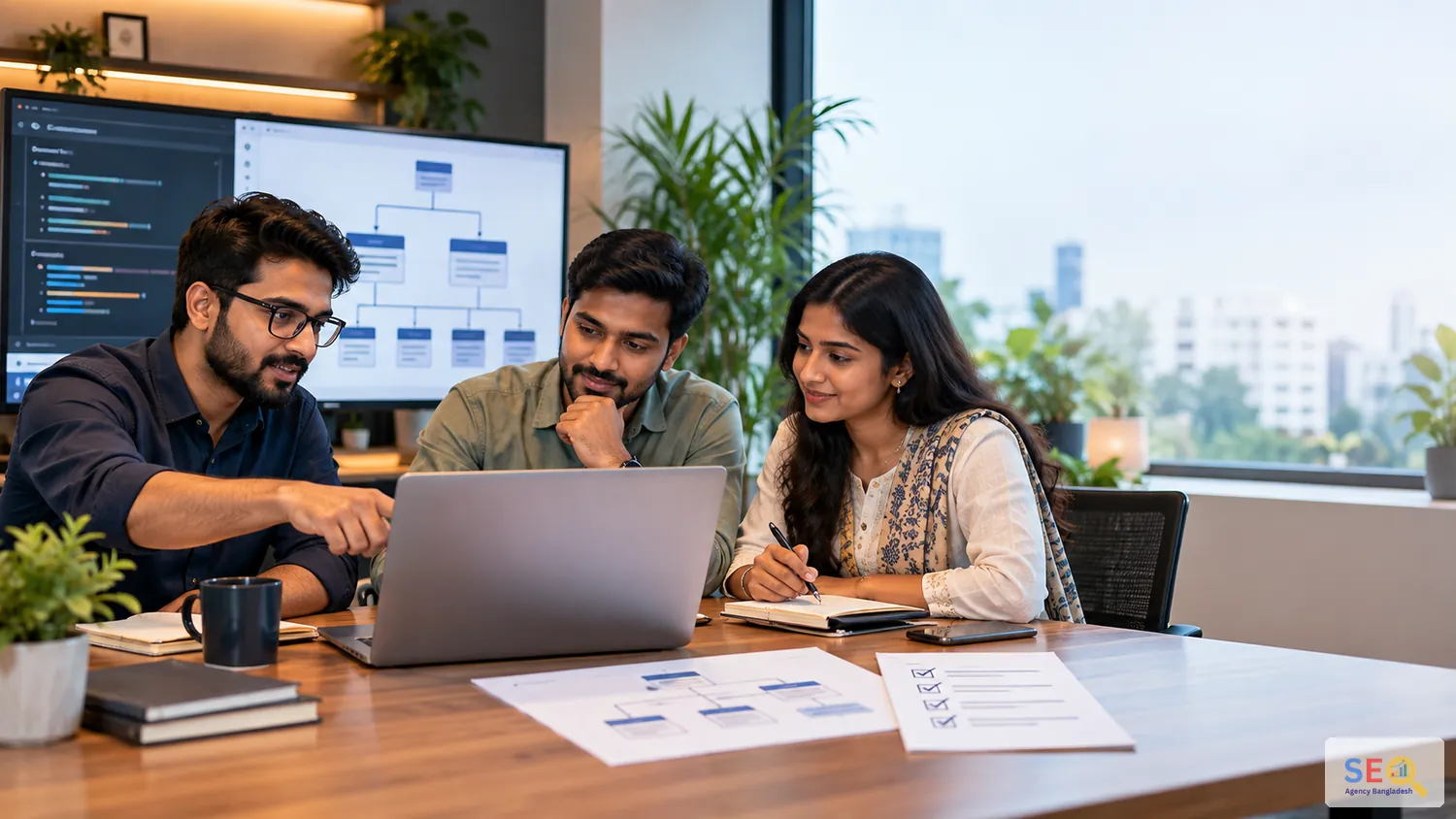 Technical SEO consultant, developer and business owner reviewing implementation and validation steps