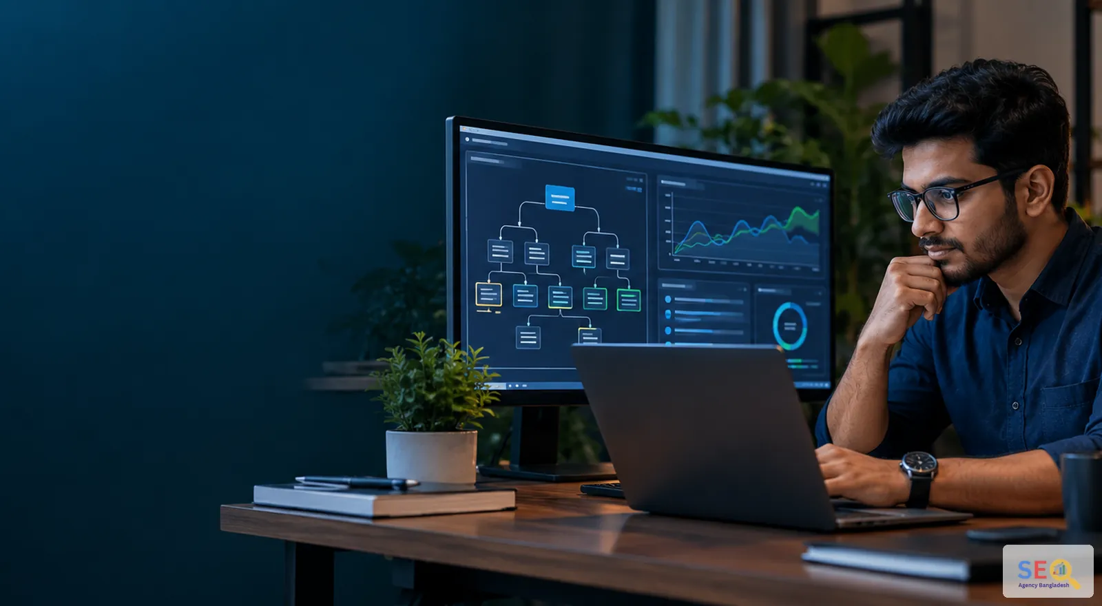 Technical SEO specialist reviewing website architecture, crawl paths and performance signals