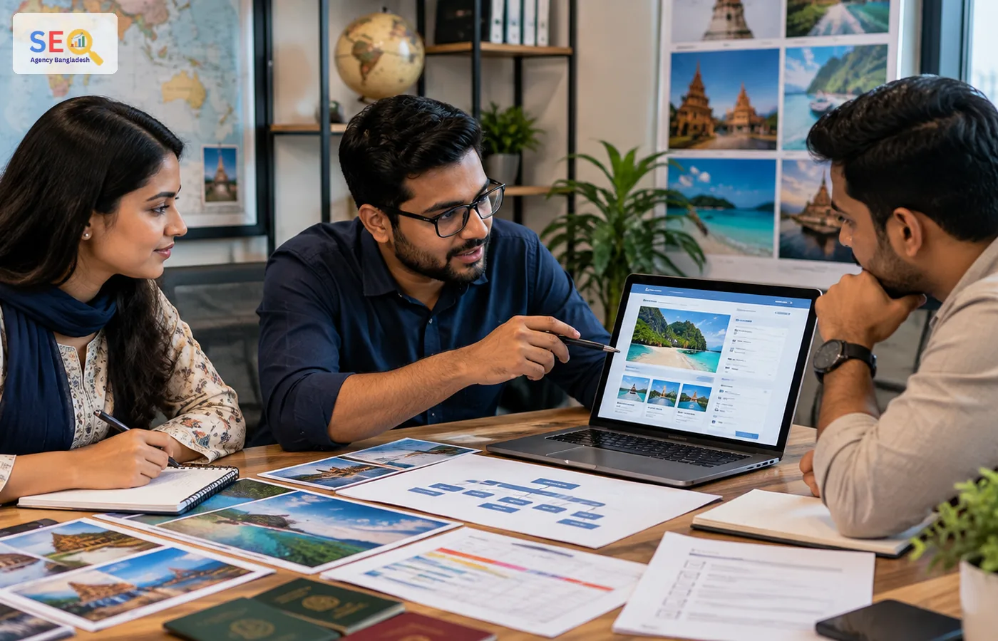SEO strategist and Bangladesh travel agency team reviewing destination pages and tour package structure