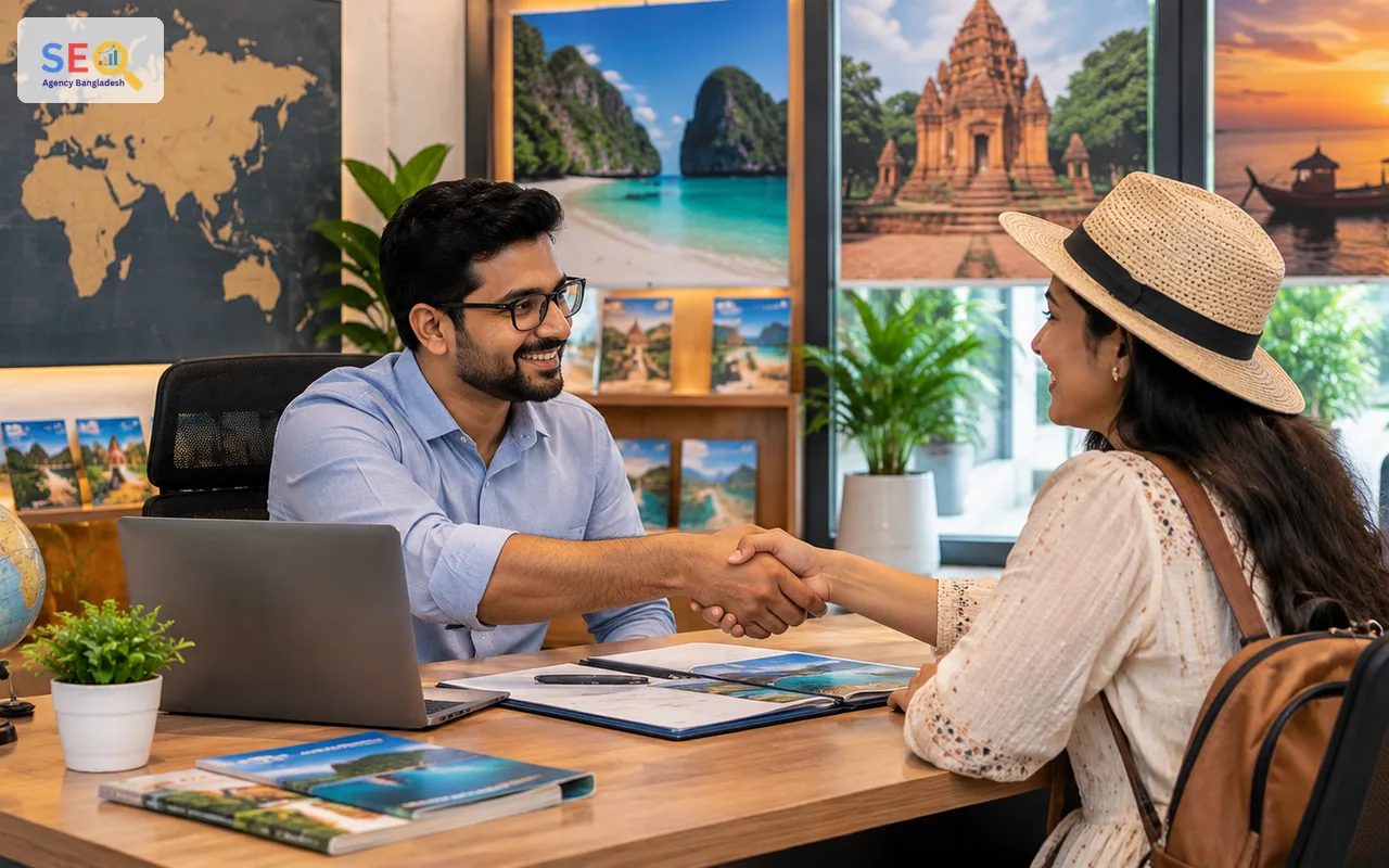 Travel SEO consultation ending with a professional agreement inside a Bangladesh travel agency