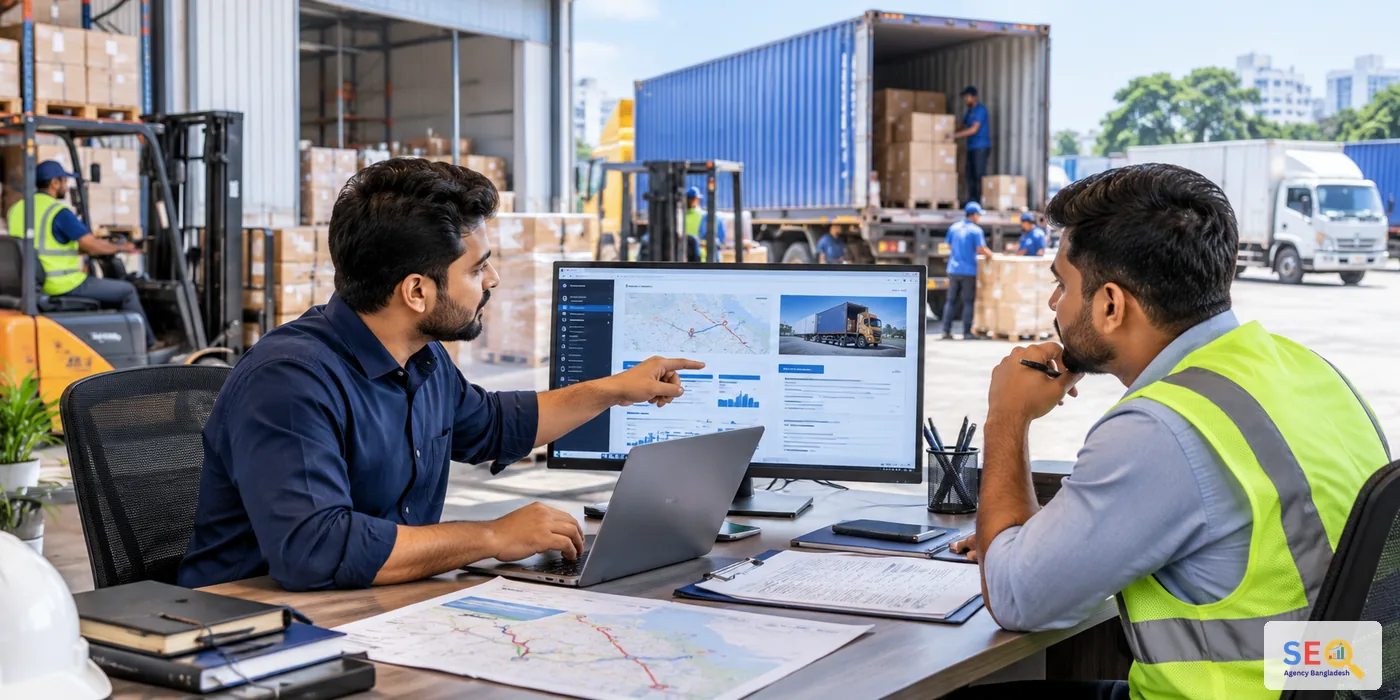 Logistics manager and SEO specialist reviewing transport routes, local coverage and website performance