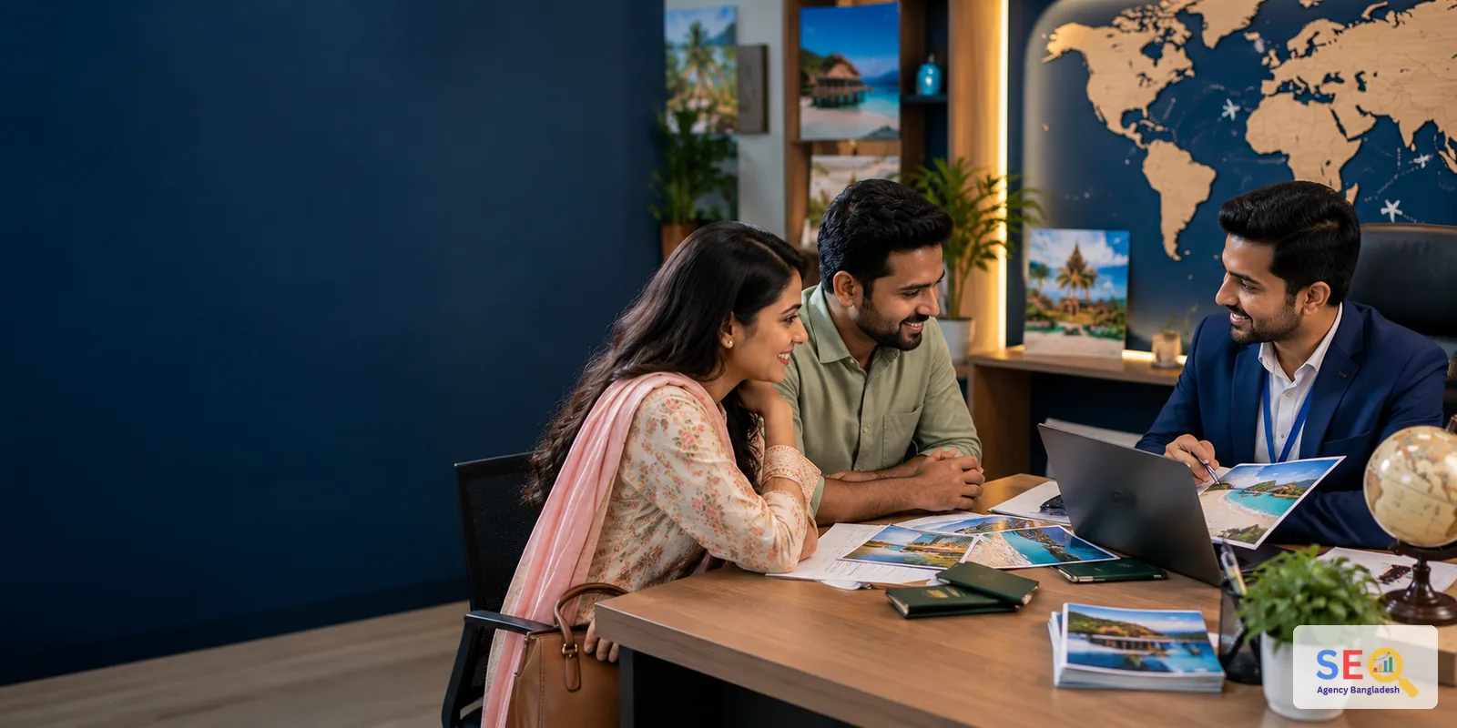 Bangladesh travel consultant helping customers plan an international holiday at a travel agency