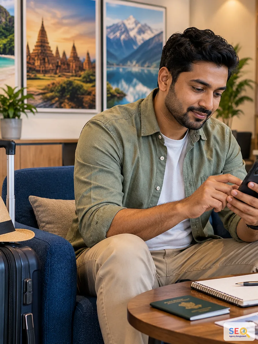 Bangladeshi traveler comparing trip options on a smartphone inside a travel agency