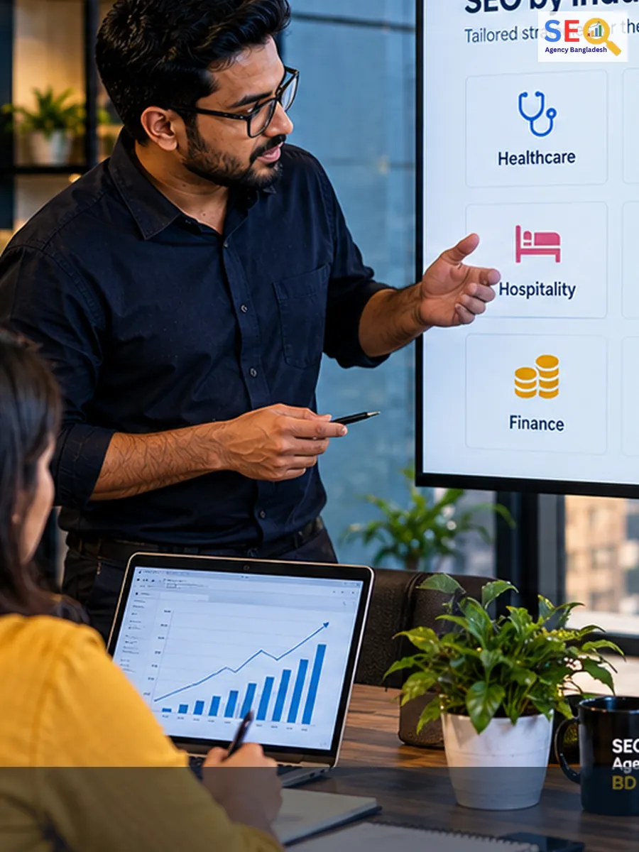 SEO specialist reviewing industry search and website performance data