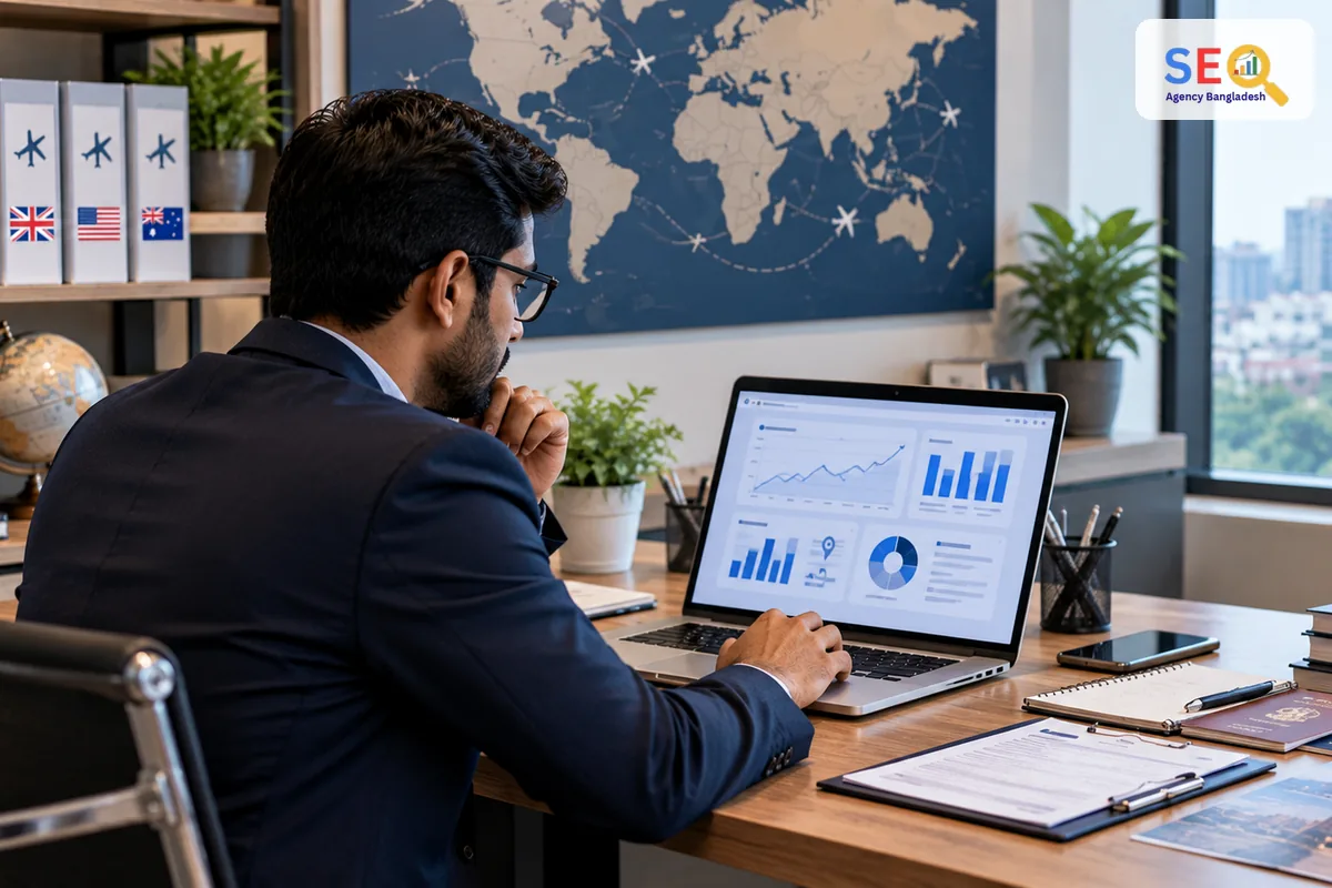 SEO specialist reviewing website performance and enquiry signals for an immigration consultancy