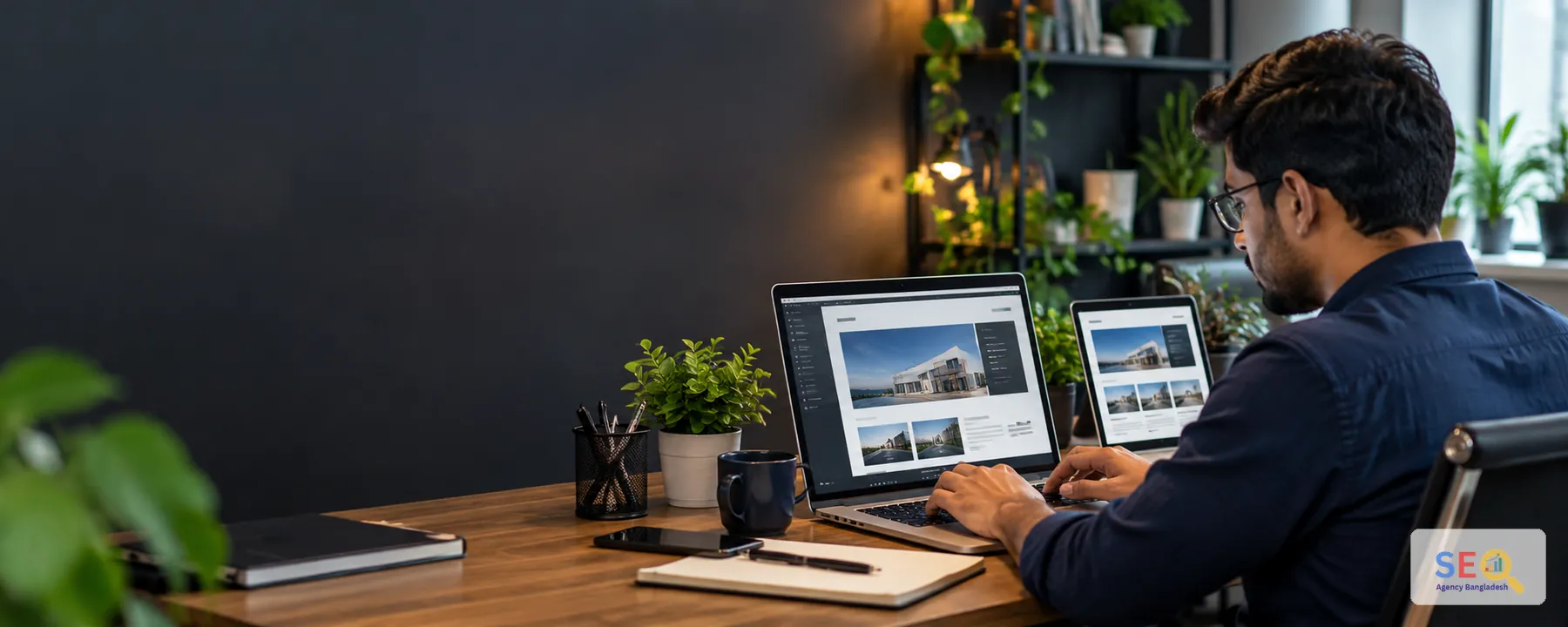 Bangladeshi web designer building a responsive business website in a modern workspace