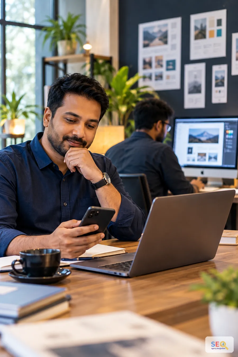 Bangladesh business decision-maker reviewing website options on a phone and laptop