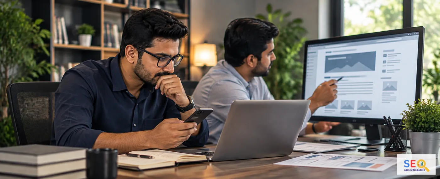 Business decision-maker reviewing a website while an SEO specialist refines page content and structure