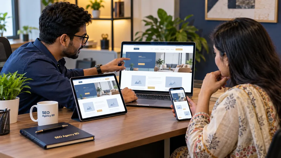Bangladesh business owner evaluating a website user journey with a web optimization specialist across devices
