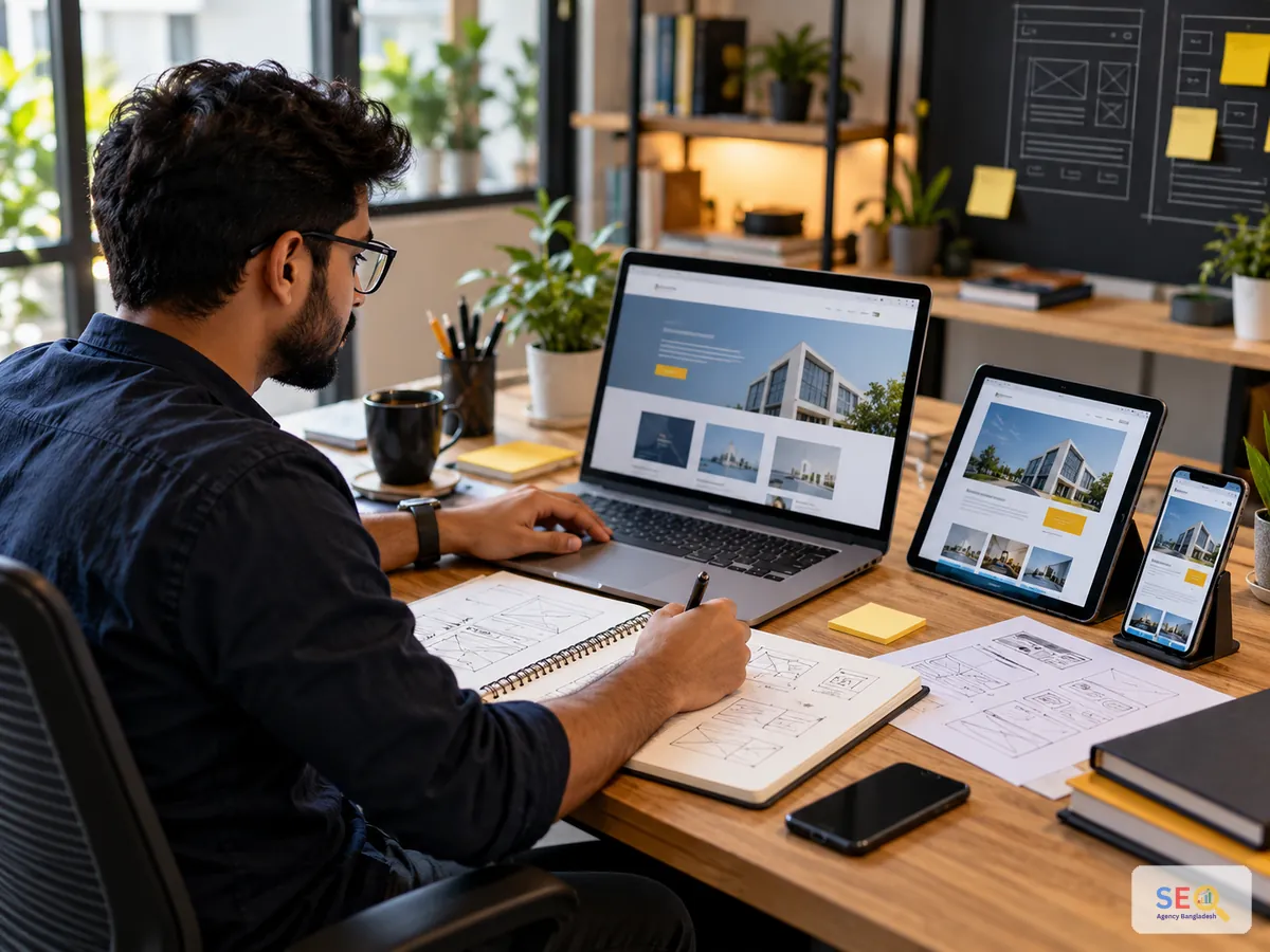 Web designer planning wireframes and checking a responsive website across laptop tablet and phone