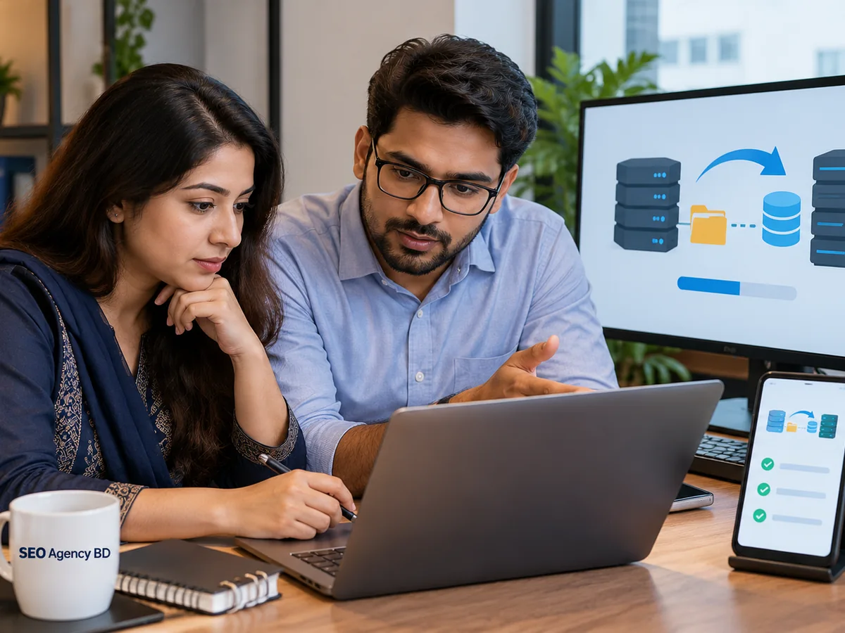 Business decision-makers reviewing a server and website transfer plan
