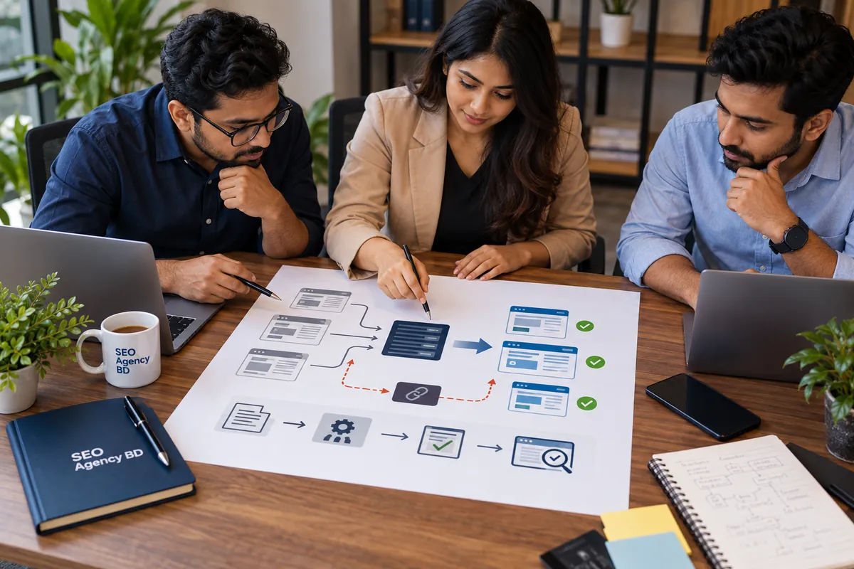 SEO migration team reviewing old-to-new page mapping, redirects and launch checks